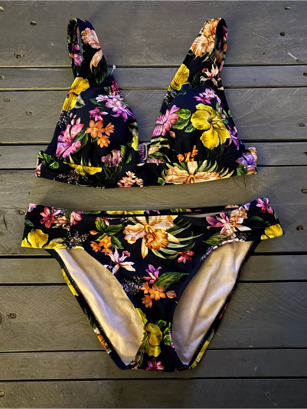 Kona Sol Floral Two-Piece Bikini Set in Black with Yellow & Pink Flowers Medium